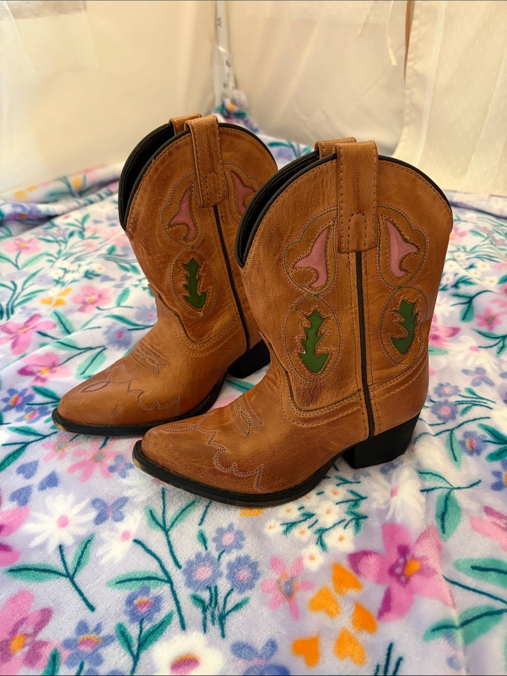 Kids Tan Western Cowboy Boots with Pink & Green Stitching